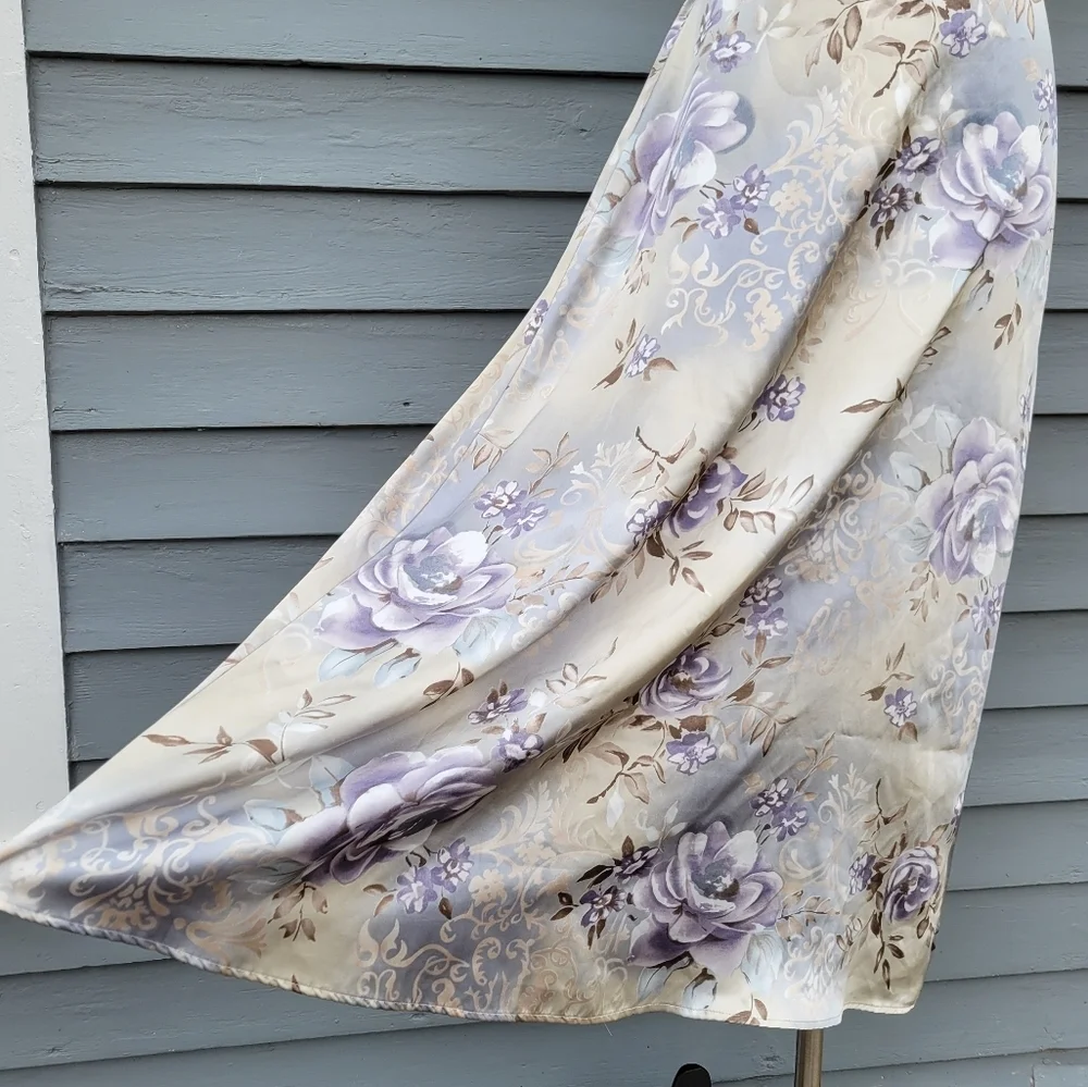 Vintage 90s‎ y2k Kathy Lee Blue Tan Satin Purple Floral Midi Slip Skirt 12